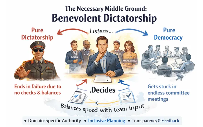 The necessity of a Benevolent Dictator for a startup's growth.